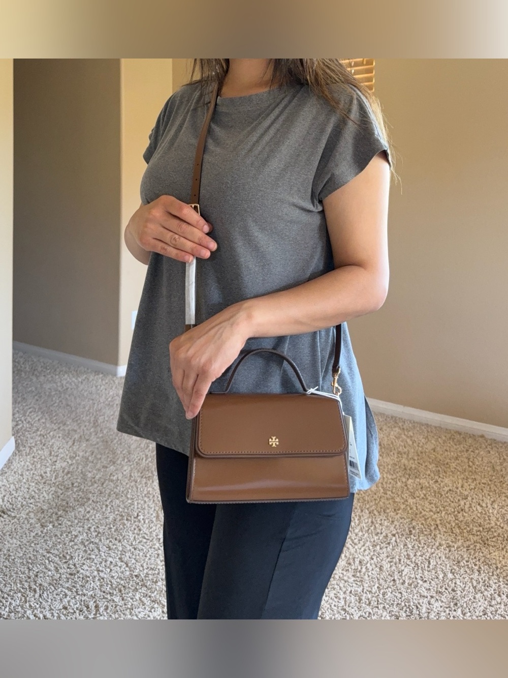 NWT , authentic Tory Burch Emerson smooth mini too handle brown /tan - Picture 9 of 12